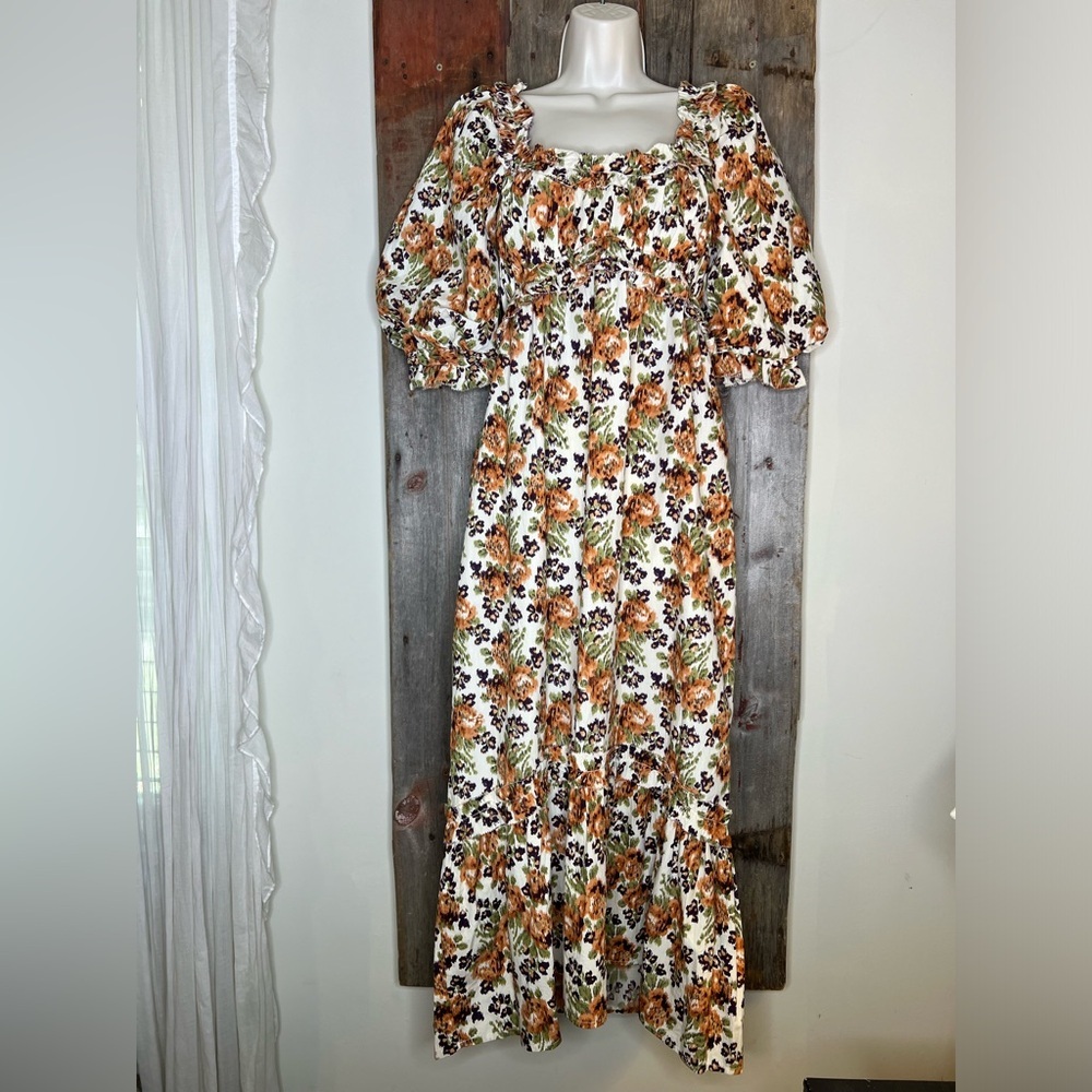 Anthropologie Love the Label Fall Floral Puff Sleeve Midi Dress Brown Cream M - Picture 4 of 14
